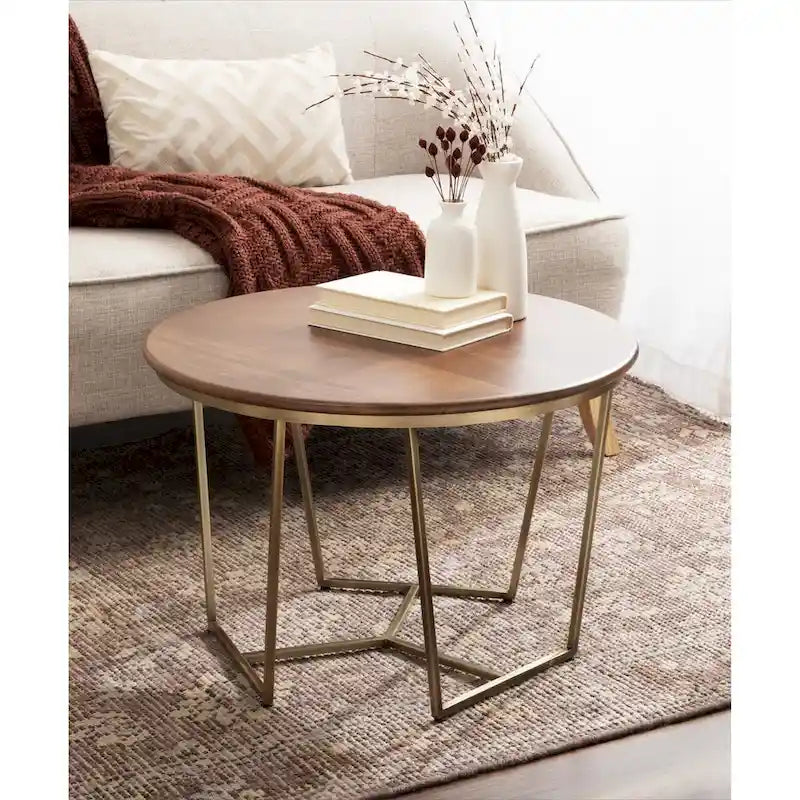 Table basse ronde, noyer marron et or, plateau en bois et piètement en métal