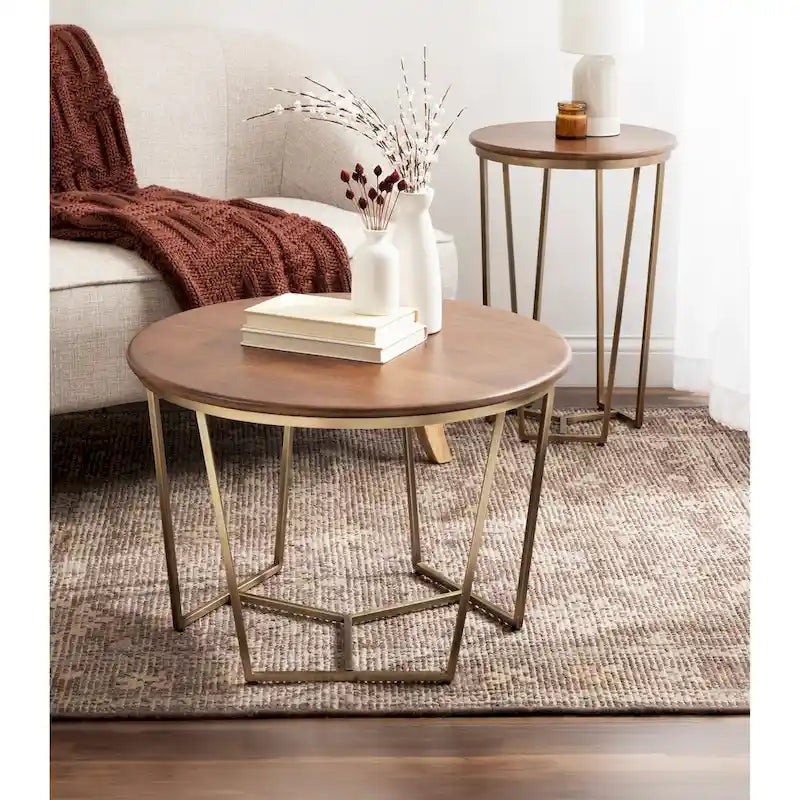 Table basse ronde, noyer marron et or, plateau en bois et piètement en métal