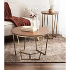 Table basse ronde, noyer marron et or, plateau en bois et piètement en métal