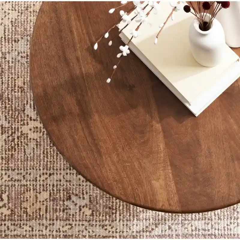 Table basse ronde, noyer marron et or, plateau en bois et piètement en métal