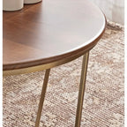 Table basse ronde, noyer marron et or, plateau en bois et piètement en métal