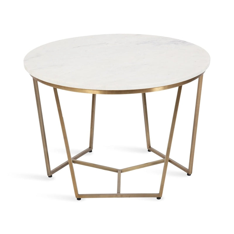 Table basse ronde, noyer marron et or, plateau en bois et piètement en métal