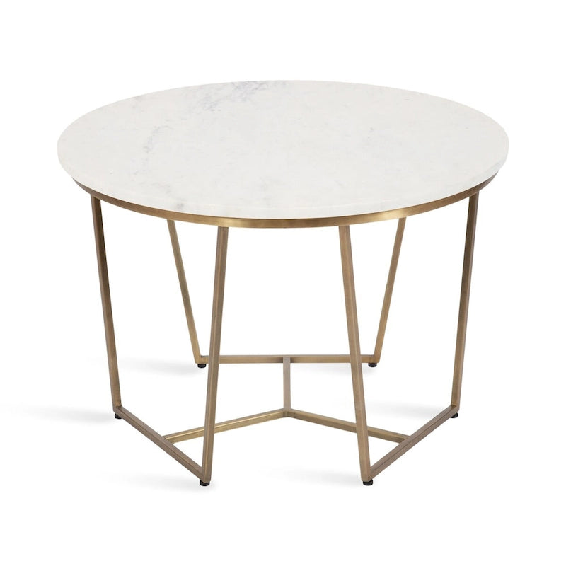 Table basse ronde, noyer marron et or, plateau en bois et piètement en métal
