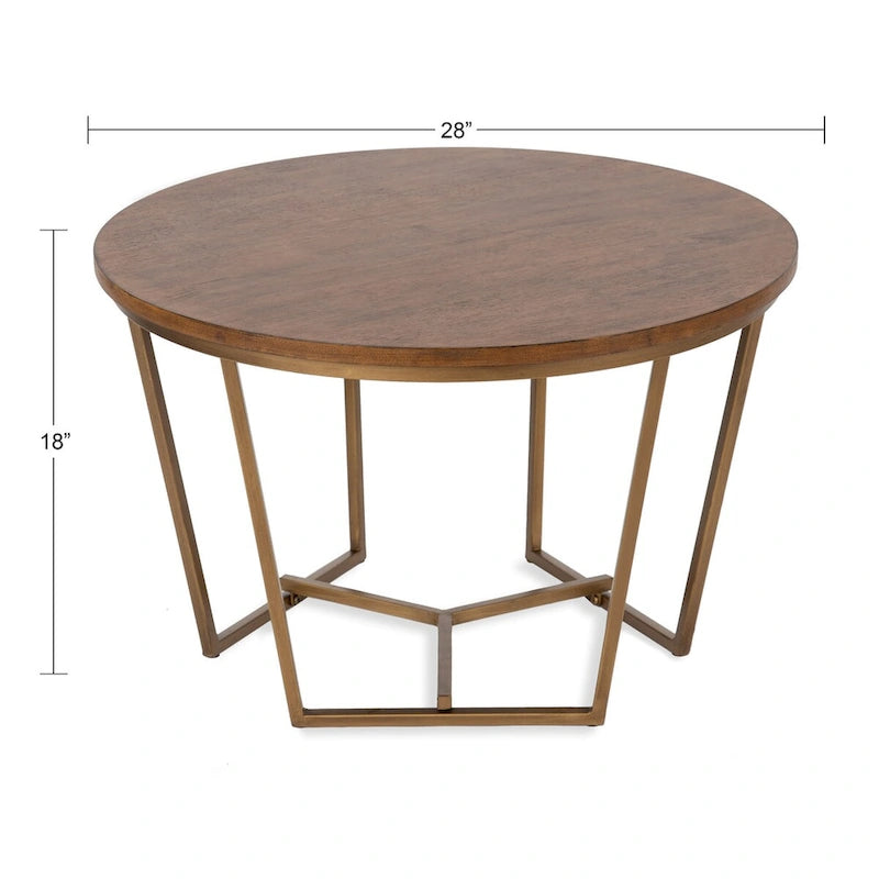 Table basse ronde, noyer marron et or, plateau en bois et piètement en métal
