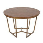 Table basse ronde, noyer marron et or, plateau en bois et piètement en métal