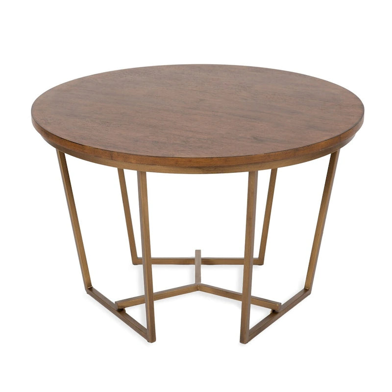 Table basse ronde, noyer marron et or, plateau en bois et piètement en métal