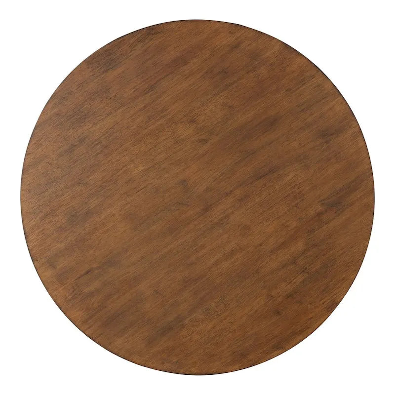 Table basse ronde, noyer marron et or, plateau en bois et piètement en métal