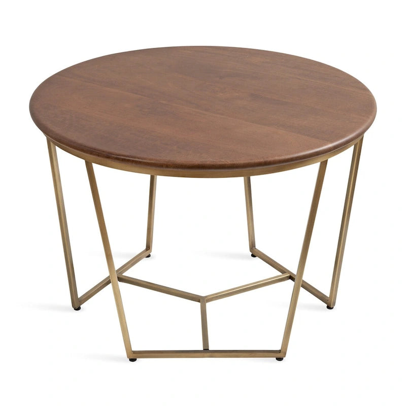 Table basse ronde, noyer marron et or, plateau en bois et piètement en métal