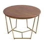 Table basse ronde, noyer marron et or, plateau en bois et piètement en métal