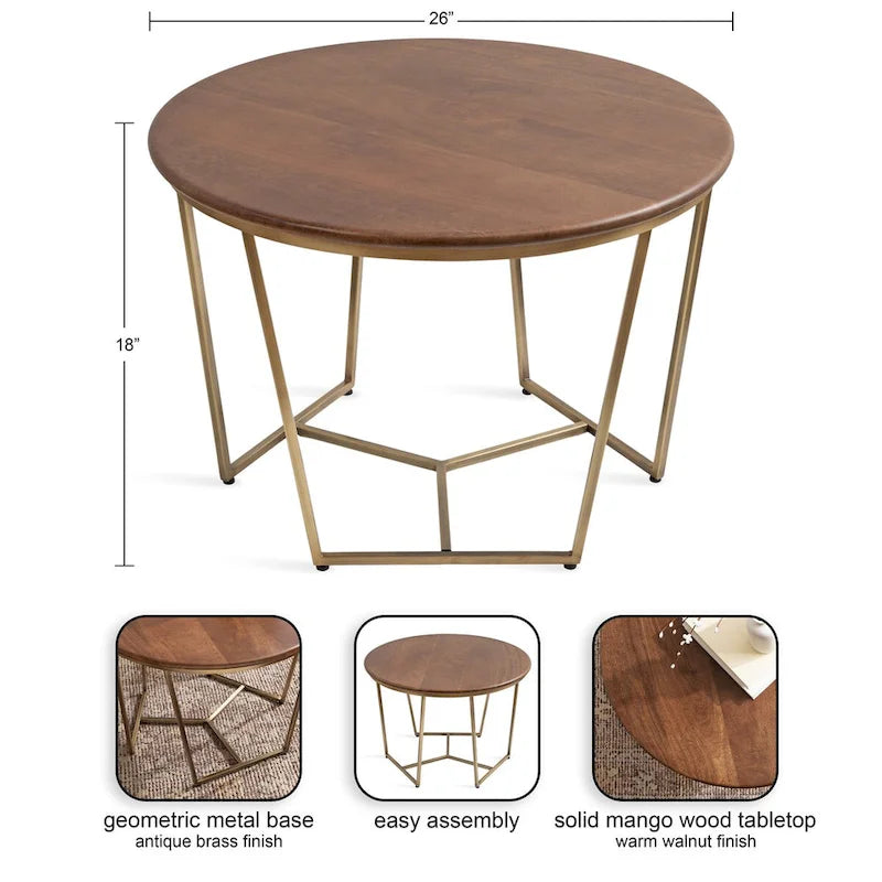 Table basse ronde, noyer marron et or, plateau en bois et piètement en métal