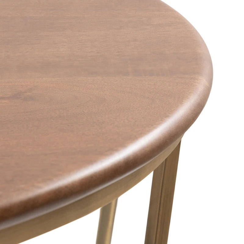 Table basse ronde, noyer marron et or, plateau en bois et piètement en métal