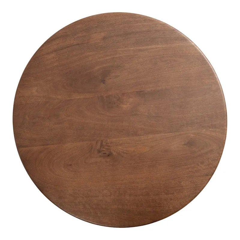 Table basse ronde, noyer marron et or, plateau en bois et piètement en métal