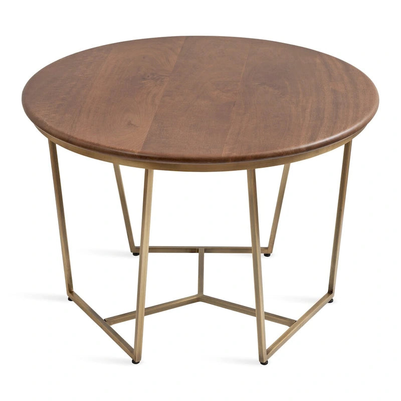 Table basse ronde, noyer marron et or, plateau en bois et piètement en métal