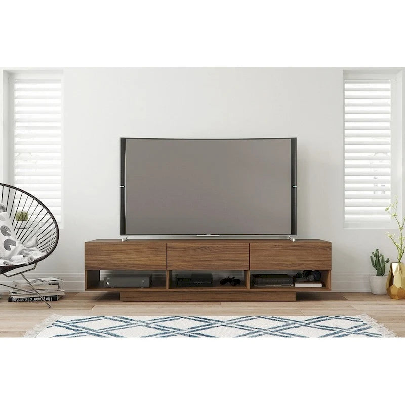 Meuble TV blanc / grain de bois brun avec 3 tiroirs, convient aux téléviseurs jusqu'à 80 pouces