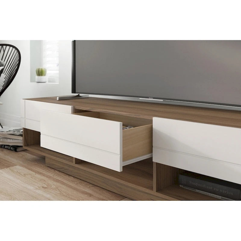 Meuble TV blanc / grain de bois brun avec 3 tiroirs, convient aux téléviseurs jusqu'à 80 pouces