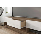 Meuble TV blanc / grain de bois brun avec 3 tiroirs, convient aux téléviseurs jusqu'à 80 pouces