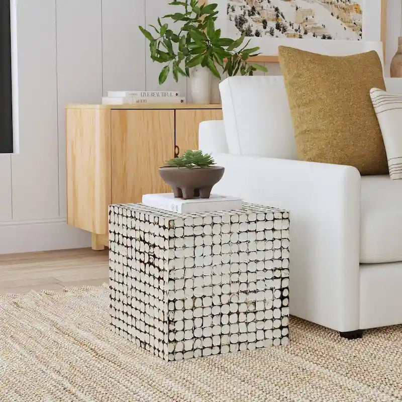 Table d'appoint carrée blanche – 1 pièce, mosaïque de coquilles de noix de coco