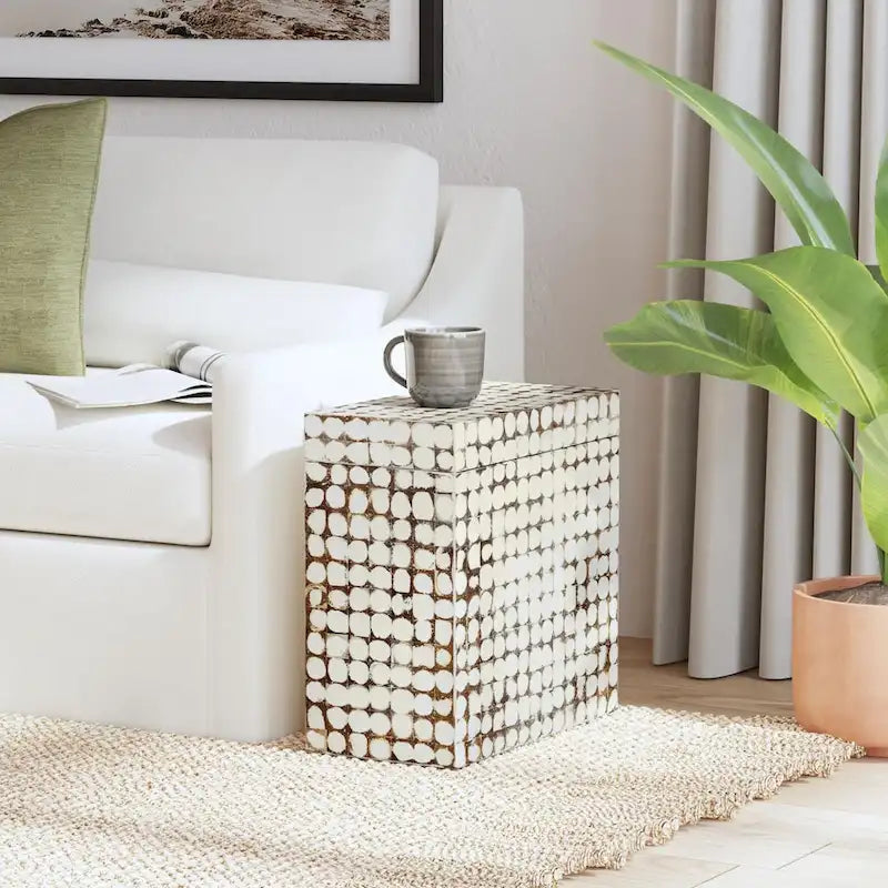 Table d'appoint carrée blanche – 1 pièce, mosaïque de coquilles de noix de coco