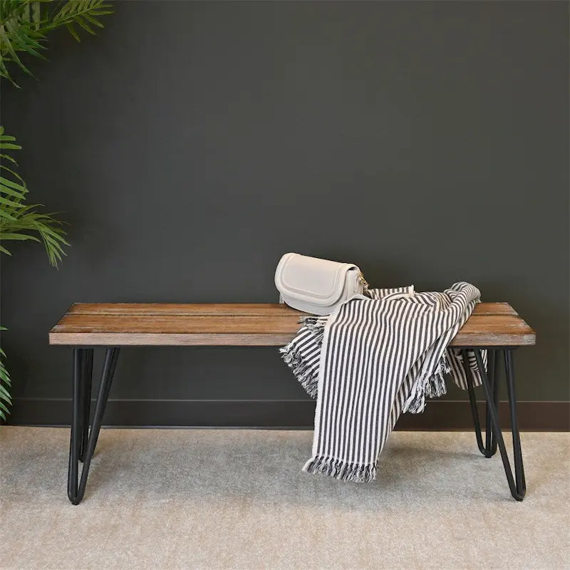 Banc de salle à manger rustique marron avec pieds en métal épingle à cheveux, 2 places