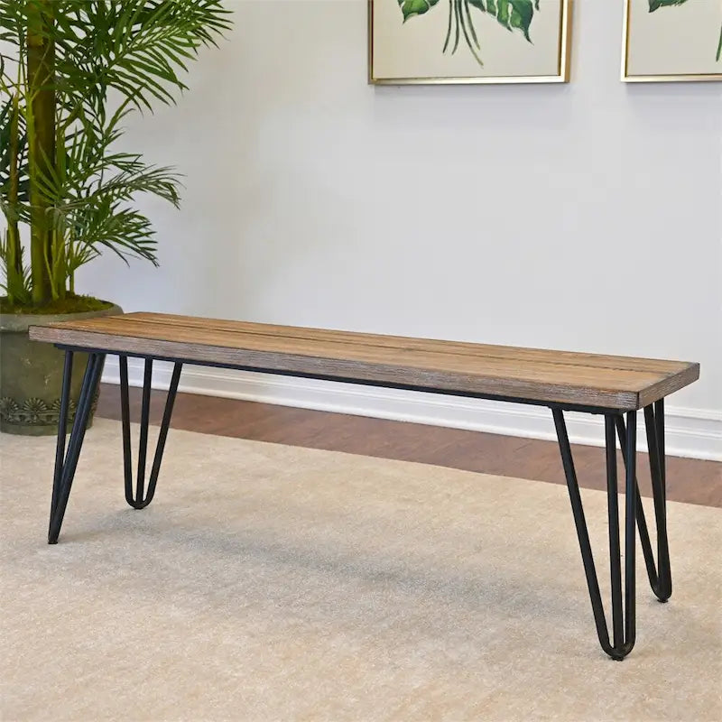 Banc de salle à manger rustique marron avec pieds en métal épingle à cheveux, 2 places
