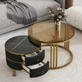 Lot de 2 tables basses gigognes rondes noires et blanches, avec plateau en verre trempé et marbre, et tiroirs