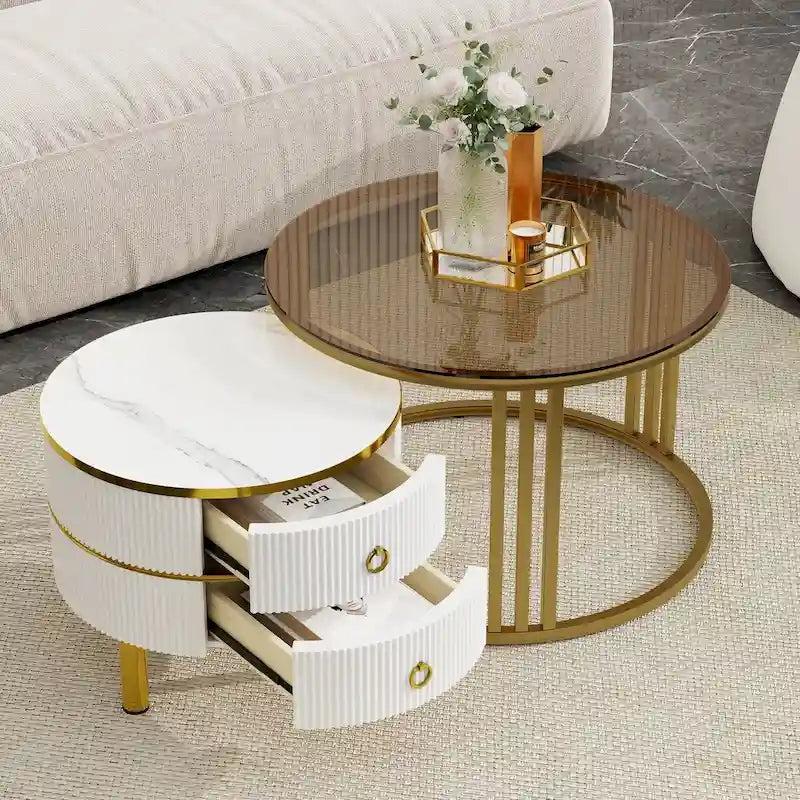 Lot de 2 tables basses gigognes rondes noires et blanches, avec plateau en verre trempé et marbre, et tiroirs