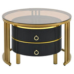 Lot de 2 tables basses gigognes rondes noires et blanches, avec plateau en verre trempé et marbre, et tiroirs