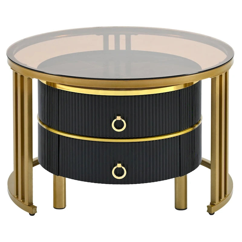 Lot de 2 tables basses gigognes rondes noires et blanches, avec plateau en verre trempé et marbre, et tiroirs