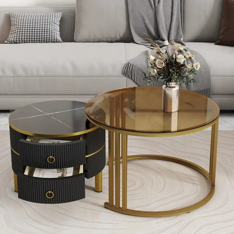 Lot de 2 tables basses gigognes rondes noires et blanches, avec plateau en verre trempé et marbre, et tiroirs