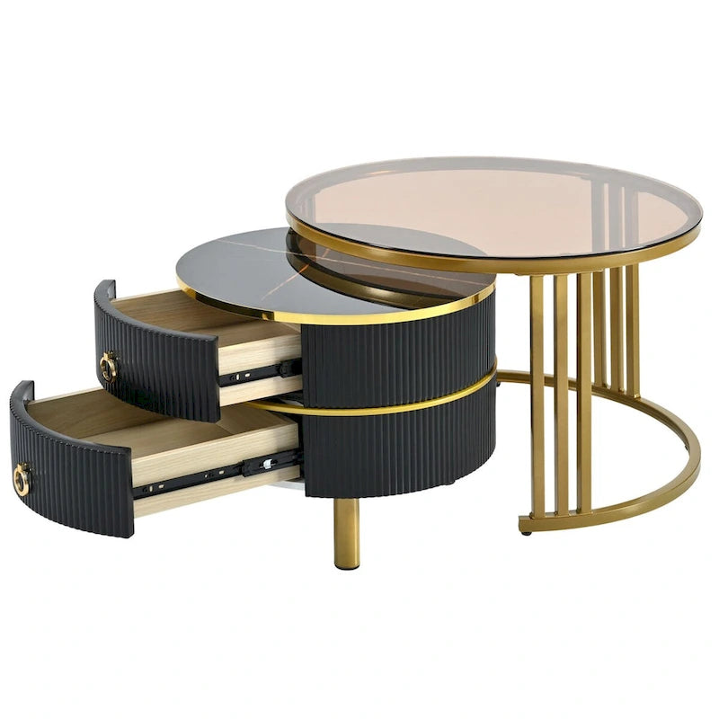 Lot de 2 tables basses gigognes rondes noires et blanches, avec plateau en verre trempé et marbre, et tiroirs