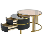 Lot de 2 tables basses gigognes rondes noires et blanches, avec plateau en verre trempé et marbre, et tiroirs