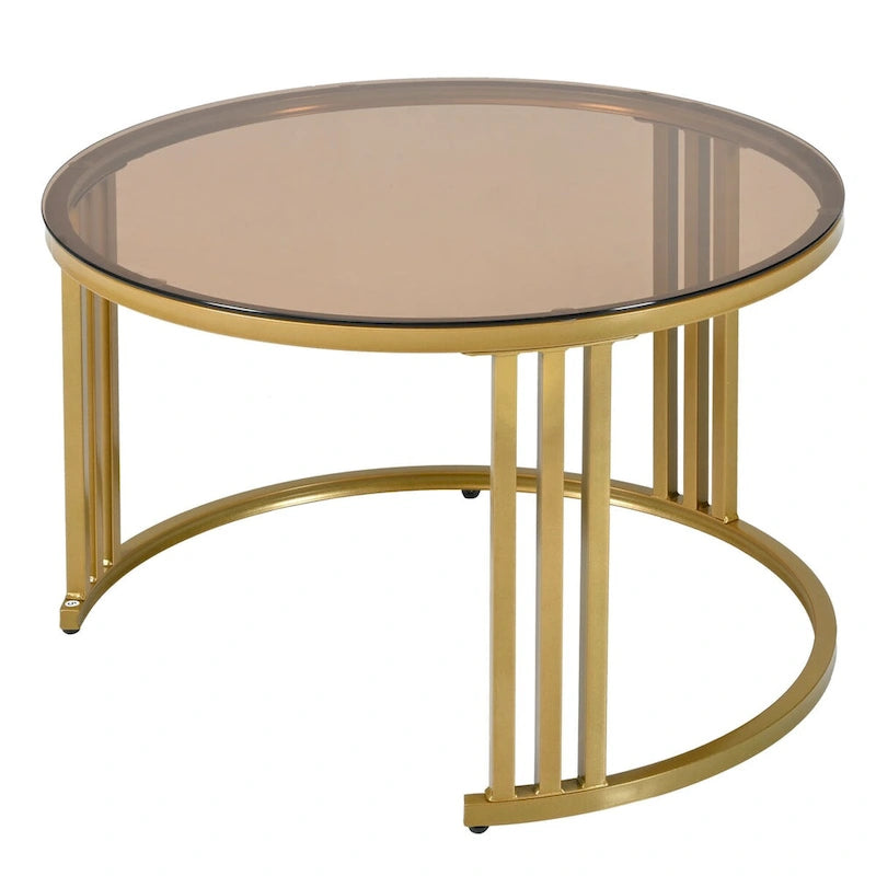 Lot de 2 tables basses gigognes rondes noires et blanches, avec plateau en verre trempé et marbre, et tiroirs