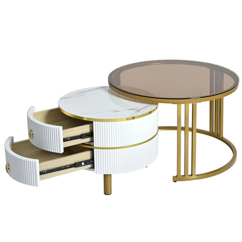Lot de 2 tables basses gigognes rondes noires et blanches, avec plateau en verre trempé et marbre, et tiroirs