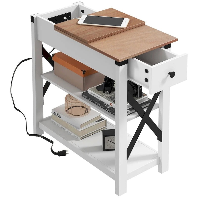 Table d'appoint blanche avec prise, 2 ports USB et étagères – 1 personne