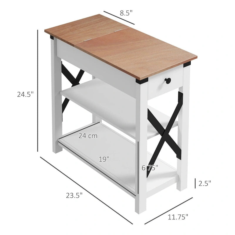 Table d'appoint blanche avec prise, 2 ports USB et étagères – 1 personne