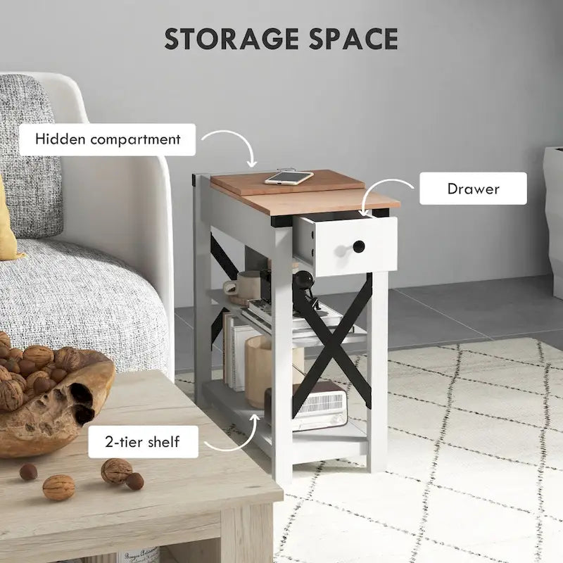 Table d'appoint blanche avec prise, 2 ports USB et étagères – 1 personne
