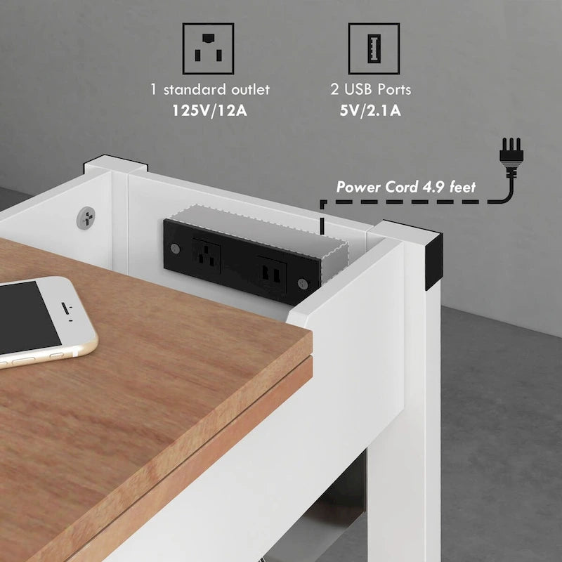 Table d'appoint blanche avec prise, 2 ports USB et étagères – 1 personne