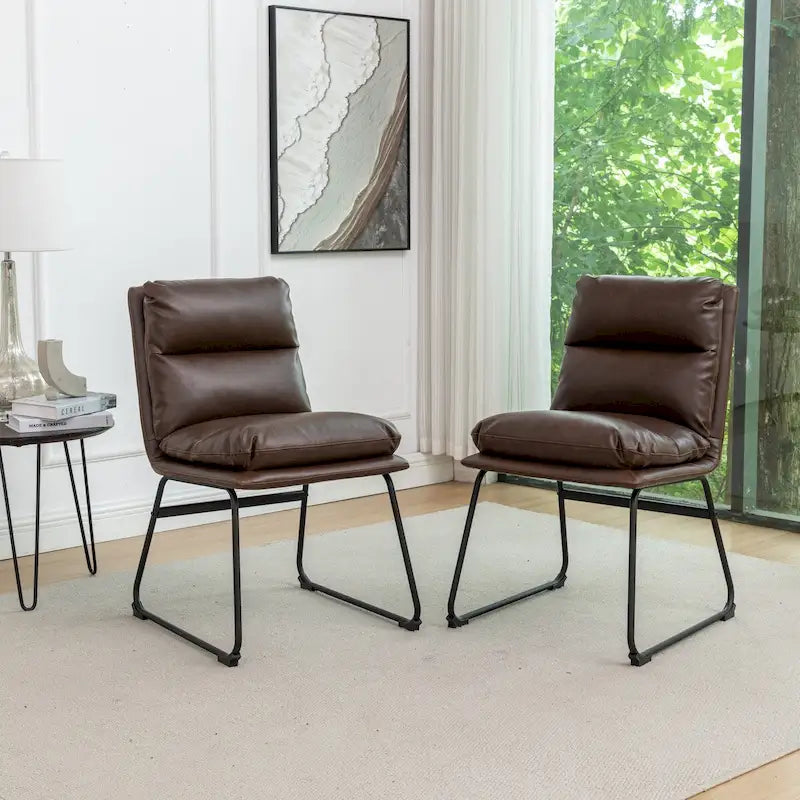 Chaise de salle à manger tapissée en tissu marron/blanc cassé avec piètement luge, lot de 2