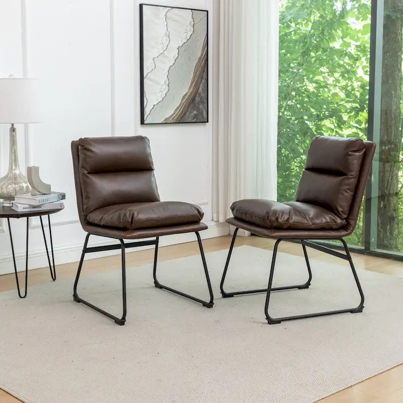 Chaise de salle à manger tapissée en tissu marron/blanc cassé avec piètement luge, lot de 2