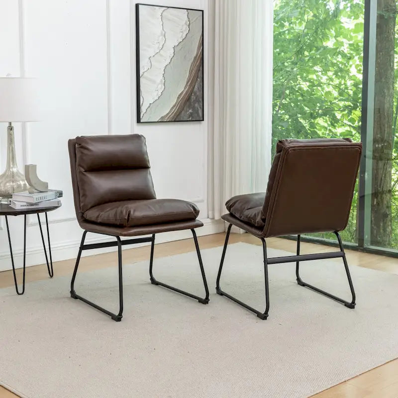 Chaise de salle à manger tapissée en tissu marron/blanc cassé avec piètement luge, lot de 2