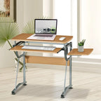 Bureau informatique individuel marron avec tablette coulissante pour clavier et étagère