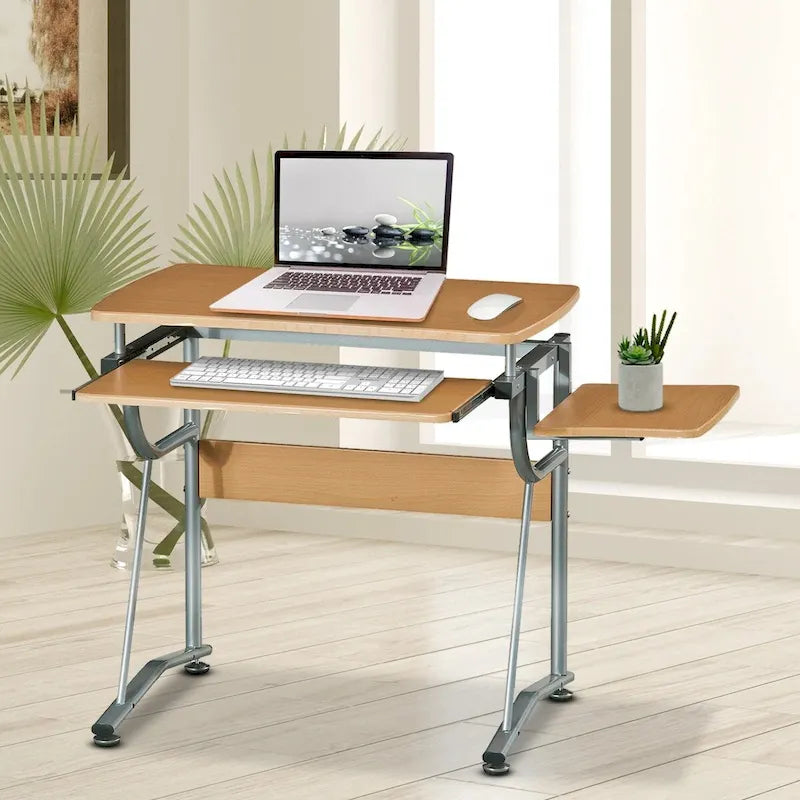 Bureau informatique individuel marron avec tablette coulissante pour clavier et étagère