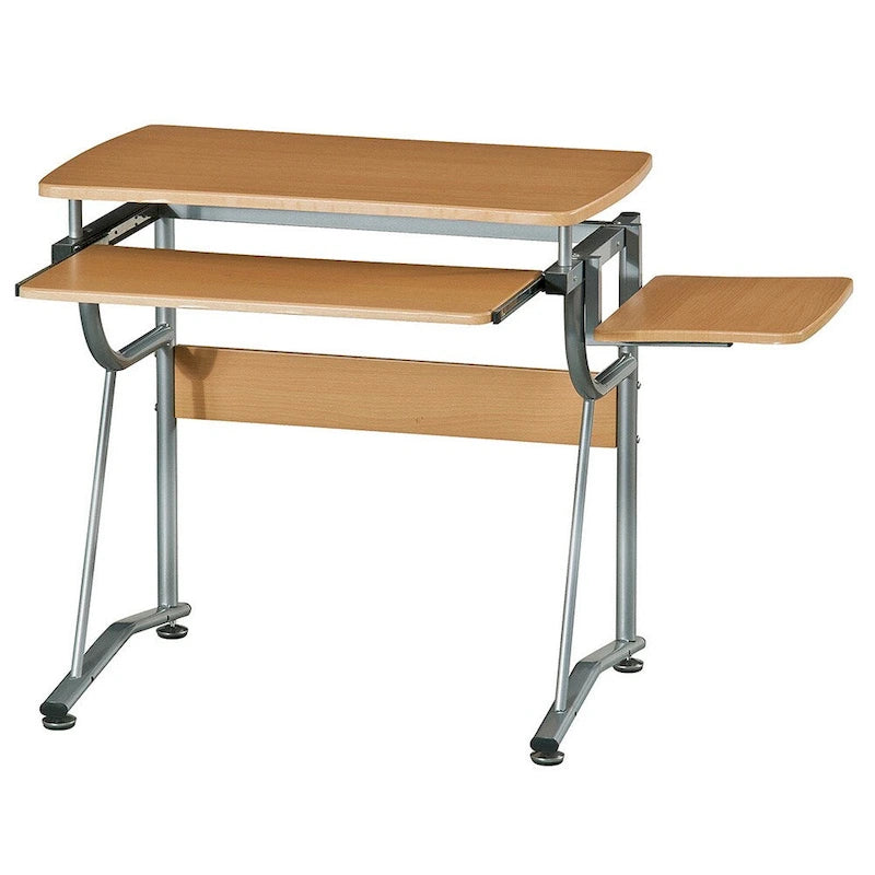 Bureau informatique individuel marron avec tablette coulissante pour clavier et étagère