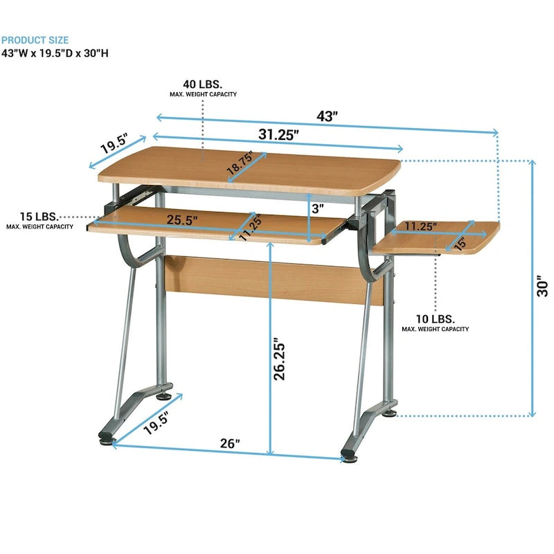 Bureau informatique individuel marron avec tablette coulissante pour clavier et étagère