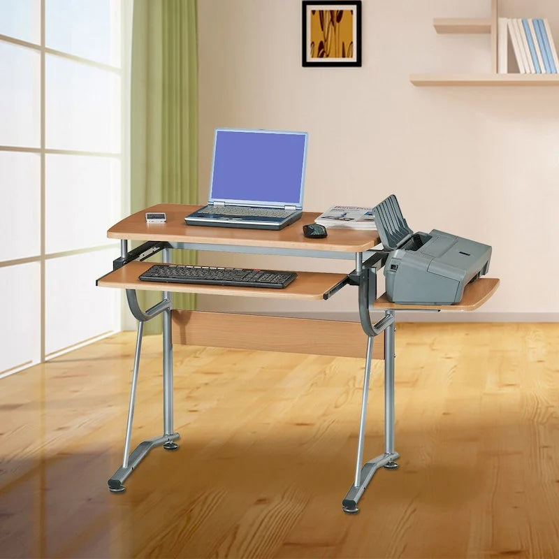 Bureau informatique individuel marron avec tablette coulissante pour clavier et étagère