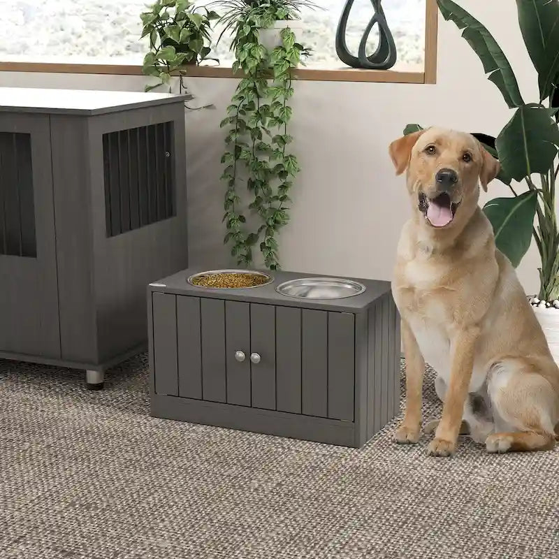 Grandes gamelles surélevées avec meuble de rangement 44L, support de gamelle surélevé pour animaux de compagnie, station d'alimentation pour chiens, Gris