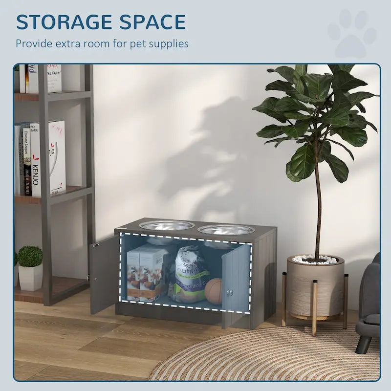 Grandes gamelles surélevées avec meuble de rangement 44L, support de gamelle surélevé pour animaux de compagnie, station d'alimentation pour chiens, Gris
