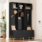 Porte-manteau avec banc blanc / noir, portes cannelées brillantes, 6 crochets, assemblage par 2 personnes