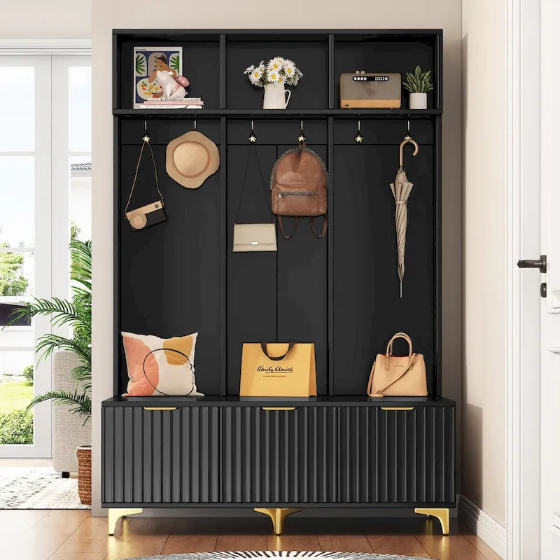 Porte-manteau avec banc blanc / noir, portes cannelées brillantes, 6 crochets, assemblage par 2 personnes
