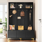 Porte-manteau avec banc blanc / noir, portes cannelées brillantes, 6 crochets, assemblage par 2 personnes